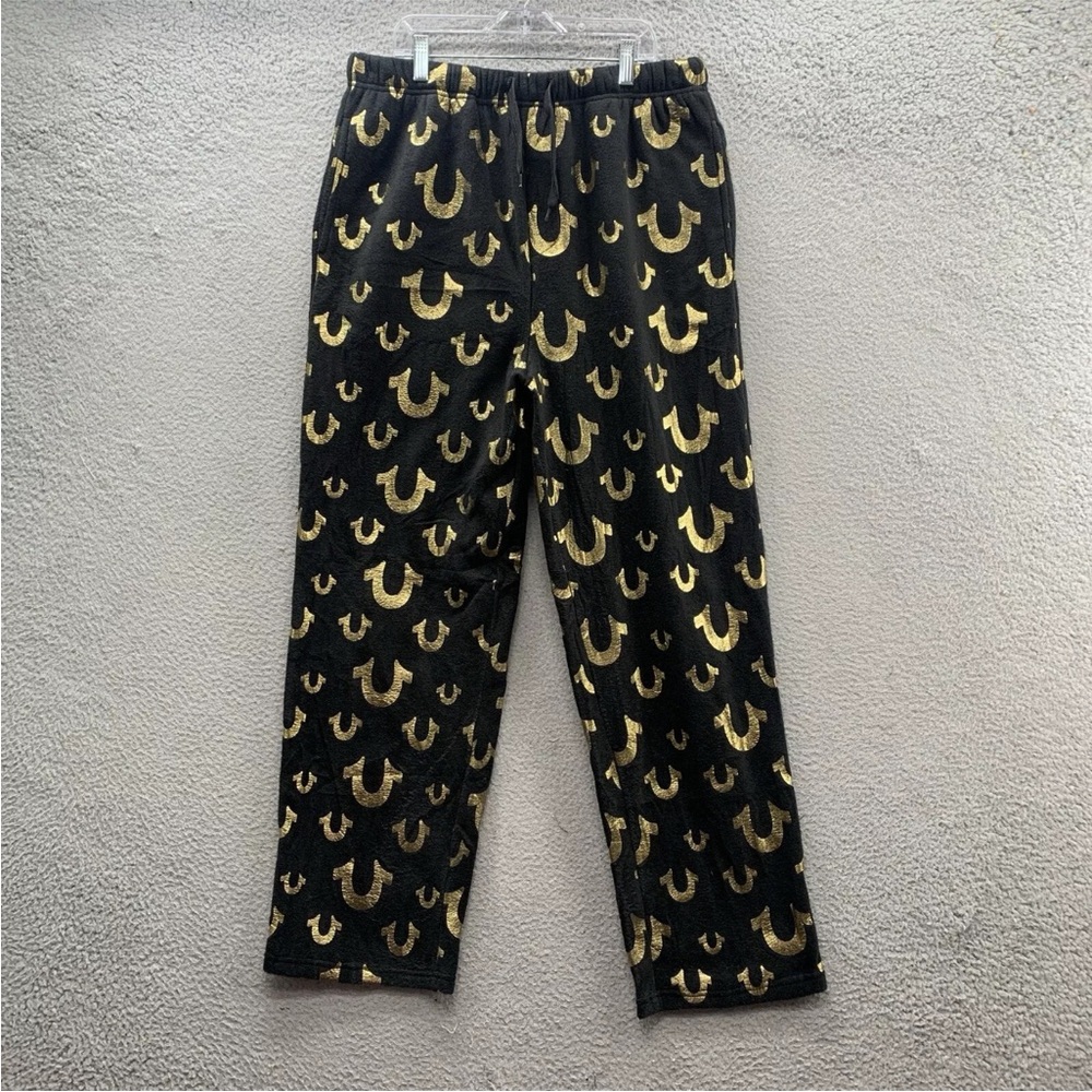 True Religion Fleece Loungewear Pants Black Gold Horseshoe Logos AllOver Print L